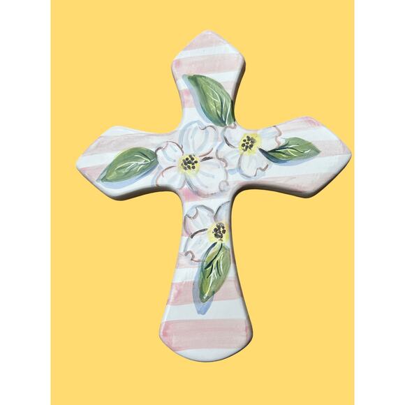 CERAMIC CROSS with Dogwood Blossoms & Pink Stripes/Wall Art Ready to Hang - Picture 10 of 10